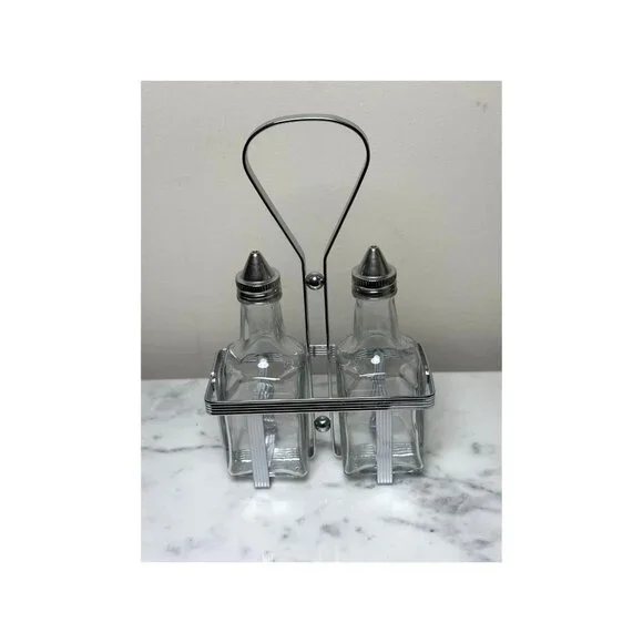 Vintage Oil & Vinegar Cruet Set with Metal Rack Glass Bottles Mid-Century Modern - Picture 3 of 7